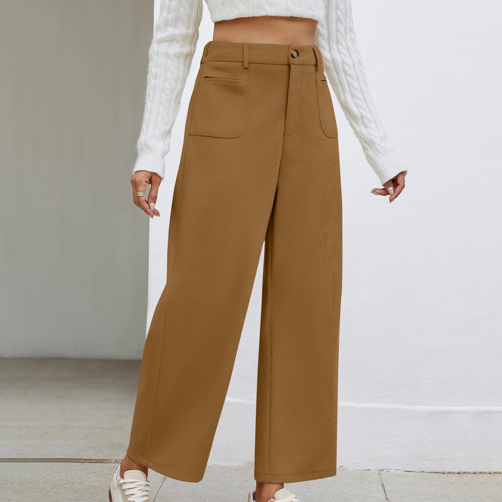 Pantalon Large Femme En Velours Côtelé - Taille Haute, Coupe-vent, Décontracté Business, Bleu - 11