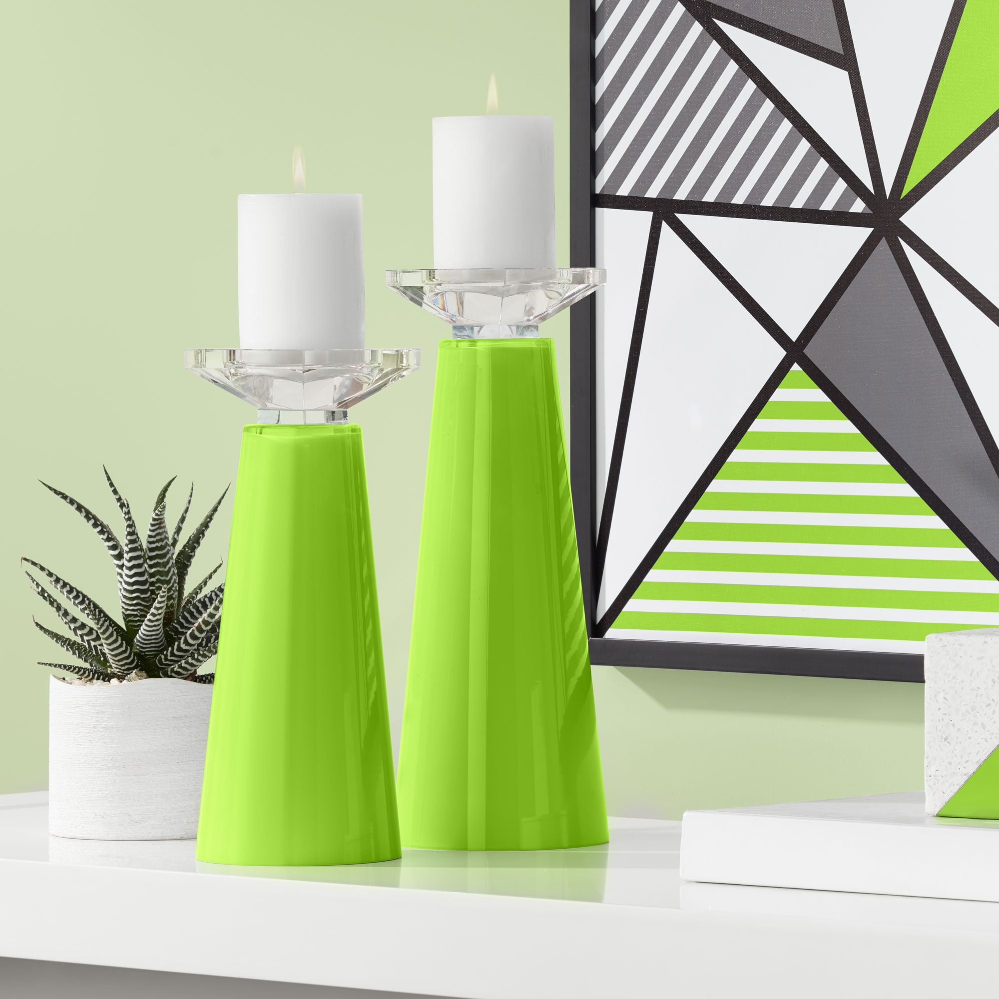 Color + Plus Meghan Neon Green Glass Pillar Candle Holder Set of 2