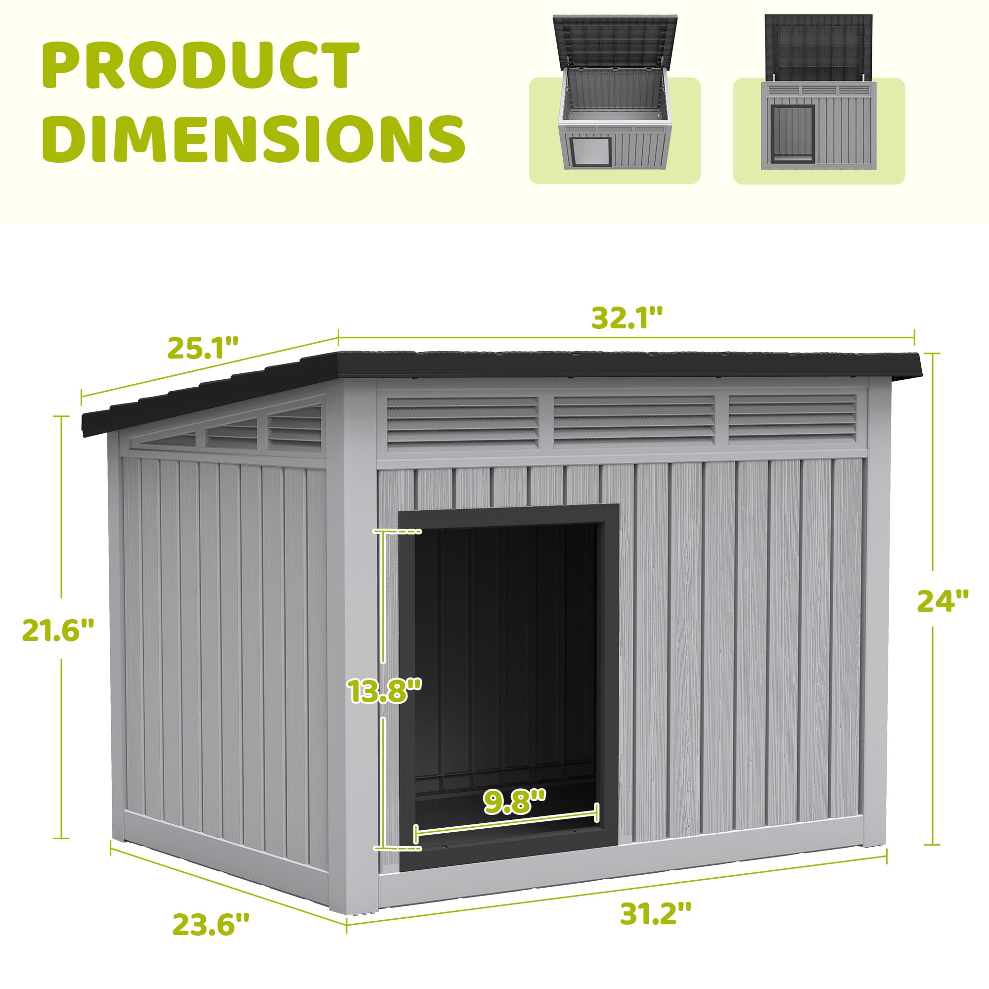 Nihsuao Waterproof Dog House for Small to Medium Dogs, Indoor Outdoor PP Kennel with Ventilated Design & Removable Roof, Easy to Clean, Gray, 31.2"L x 23.6"W x 21.6"H