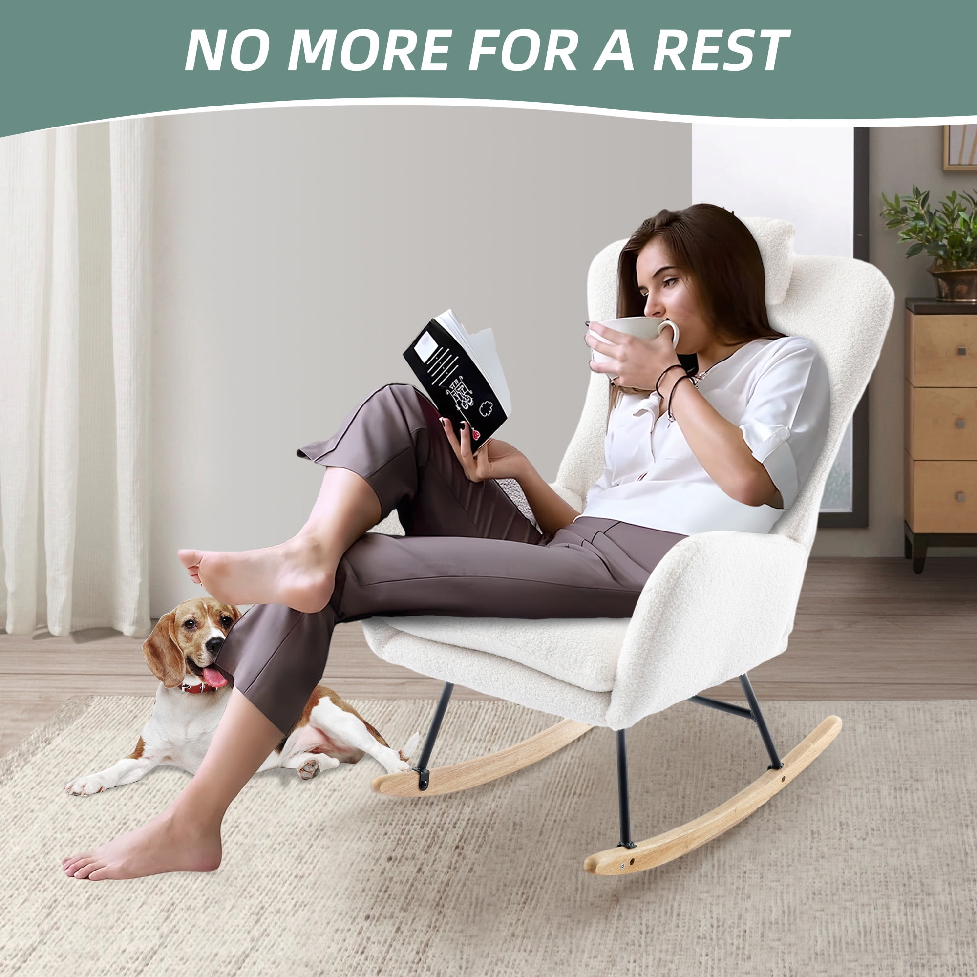 PAPROOS Modern Teddy Fabric Rocking Chair, Accent Rocker Chair with High Backrest for Nursery, Accent Glider Rocker for Living Room Bedroom Playroom, White