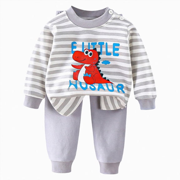 TOWED22 Baby Toddler Boy Fall Winter Set Outfits 2Pcs Long Sleeve Printed Round Neck T-Shirt Elastic Waist Pants Soft Warm Clothes(Light Gray,5-6 Y)