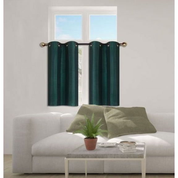 N25 Hunter Green 1-Set Solid Faux Silk Grommet Top Small Window Curtain, 2 Semi Sheer Tier Panels 30" W x 36" L (Each Tier)