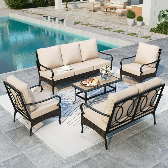 Summit Living 7-Seat Outdoor Patio Conversation Set with 3-Seat Sofa, Love-Seat Sofa, 2 Club Chairs & Wood-Look Coffee Table, Black Steel Frame & Beige Cushion