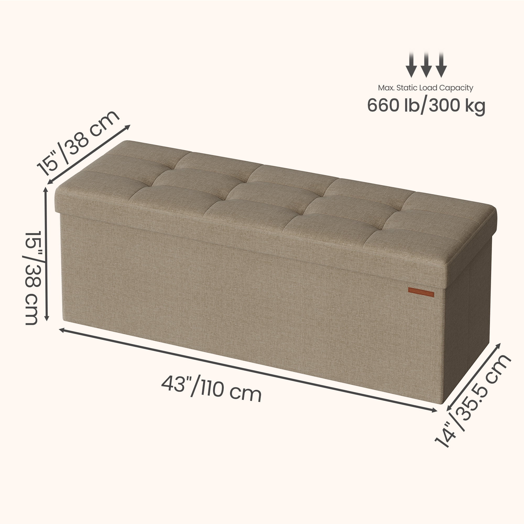 Ledrem Camel Brown Foldable Storage Ottoman Bench with 660lb Capacity