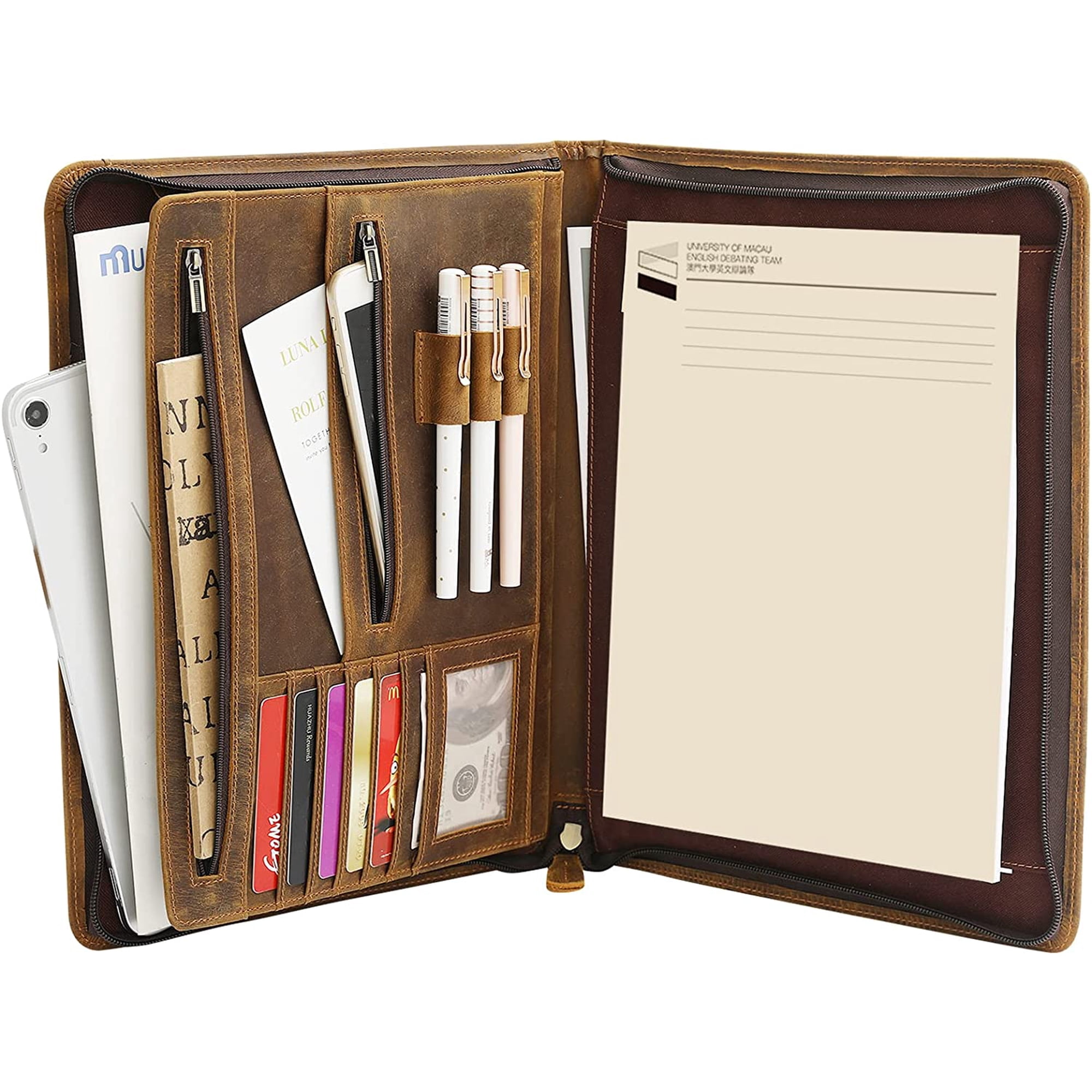 Leather Portfolio Organizer with Zipper for Men Women Leather Padfolio Business Resume Legal Pad Portfolio Notebook Binder for A4/Pad Brown