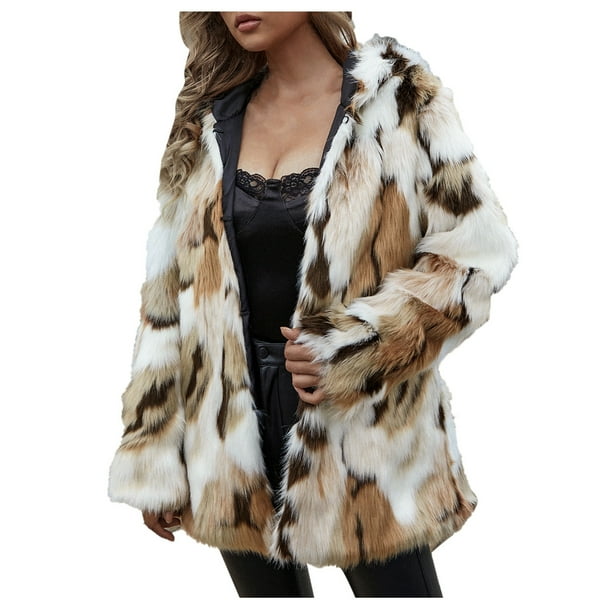 Chaqueta de abrigo de piel sintética cálida para mujer, ropa de abrigo con estampado de invierno con capucha Fridja BV0+3212