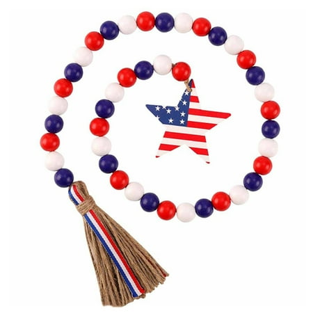 

Independence Day Wooden Beads Wreath With Tassel Beads Garland Pendant Handmade Antique Farmhouse Wall Hanging Prayer Beads Patriotic Wooden Beads