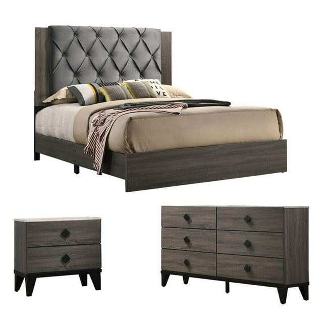 Madelyn Walnut 3pc Full Size Bedroom Set with Faux Marble Tops