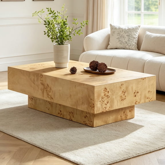 Shaiaield 43" Natural Wood Coffee Table with Sturdy MDF Pedestal,Farmhouse Rectangular Coffee Table,Burl Wood Veneer Coffee Tables for Living Room