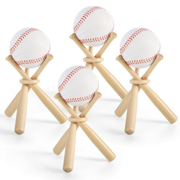 4 Packs Mini Wooden Bats Baseball Stands, Includes 12 Baseball Bats & 4 Wooden Rings, Cute Little Softball Bats Baseball Display Holders for Home Run & Game Balls