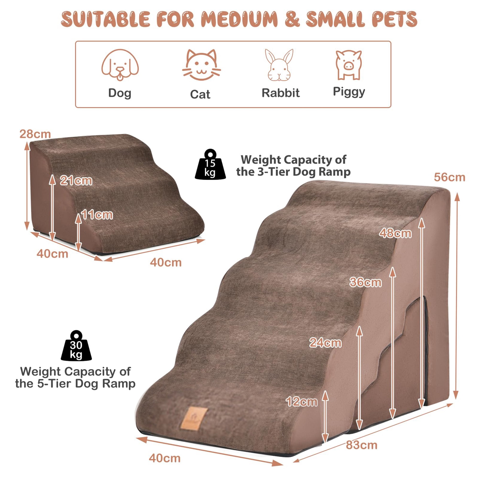 Kadyn 33" 5-Tier Pet Stairs for Small Dogs with Arch, 3-Step Dog Ramp for Beds and Couch, Non-Slip Balanced Indoor Step, Brown