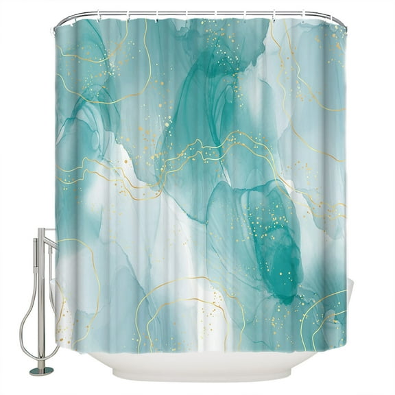 Teal Marble Shower Curtain, 72" x 72", Golden Lines Modern Abstract Teal Ombre Waterproof Bathroom Curtain Washable Shower Curtain Set with 12 Hooks