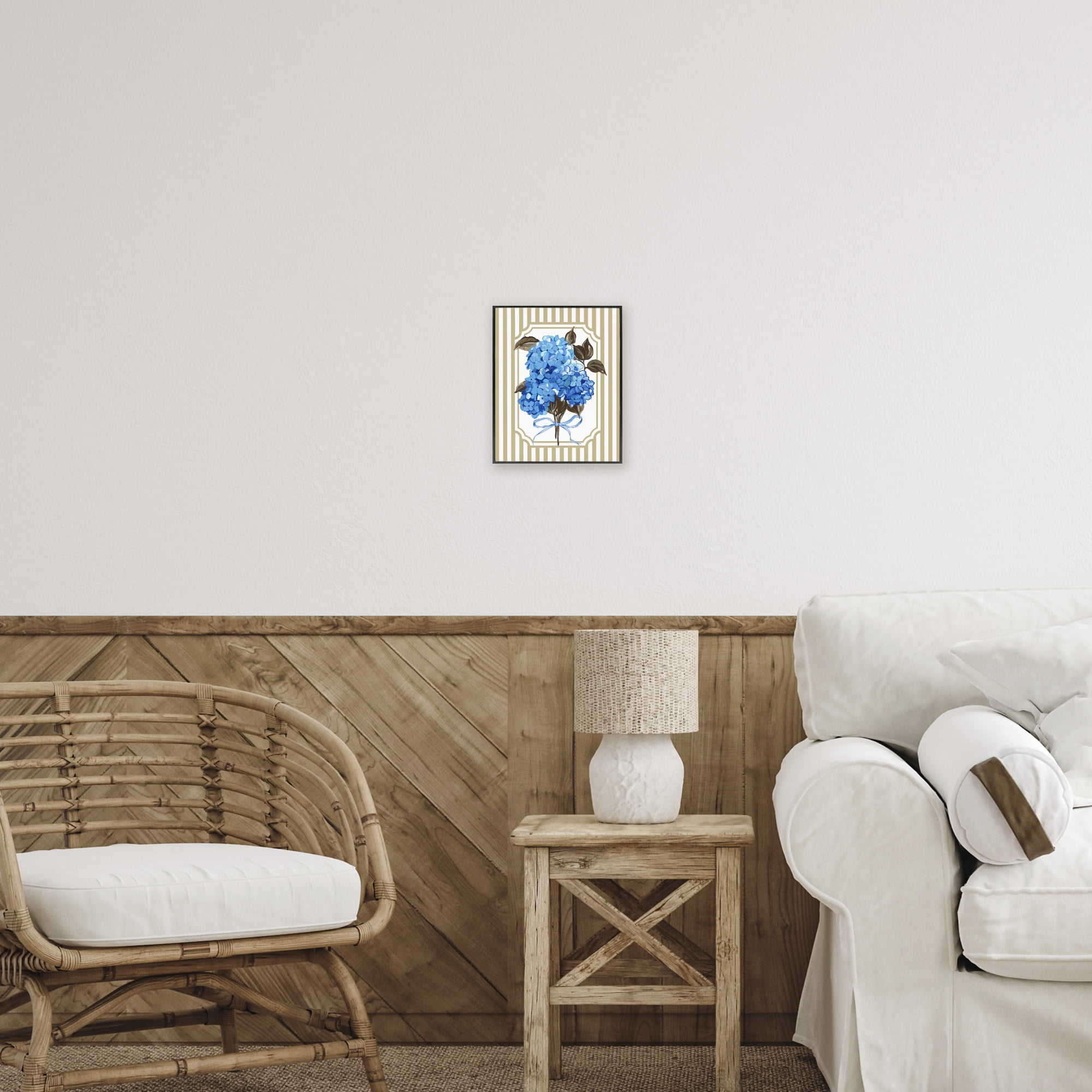 Blue Hydrangea Blossom Bow Black Framed Giclee Art, design by Adonna Ebrahimi