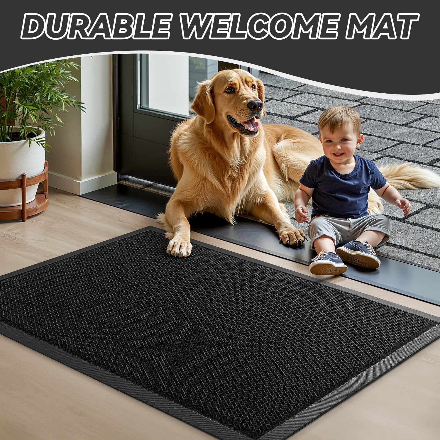 SIXHOME Outdoor Mat 17"x30" Front Door Mat Non Slip Rubber Doormat Low Profile Welcome Mat for Outside Absorbent Dirt Trapper Outdoor Doormat with Elastic Mesh Surface Heavy Duty Floor Mat Black