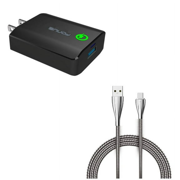 6ft Metal USB Cable w Fast 18W Home Charger V3A for Motorola One, Moto Z4 Z3 Play Z2 Play Z Play Droid Force Droid X4 G7 Power Play G6 - Nokia 3.1, 7.1, 8, Plus - OnePlus 5T, 6, 6T, 7 Pro