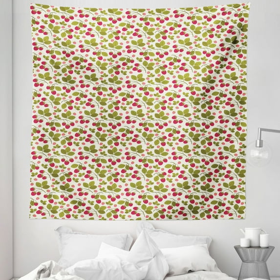 Berries Tapestry, Botanical Demonstration of Raspberries and Leaves, Fabric Wall Hanging Decor for Bedroom Living Room Dorm, 5 Sizes, Pink Fawn, by Ambesonne