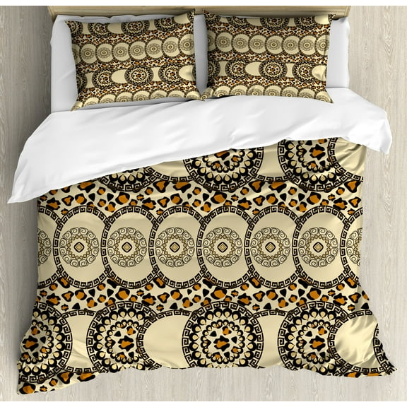 Zambia Duvet Cover Set, Folk Savannah with Nature and Animal Effects Jungle Boho Design, Decorative 3 Piece Bedding Set with 2 Pillow Shams, King Size, Dark Brown Orange and Cream, by Ambesonne