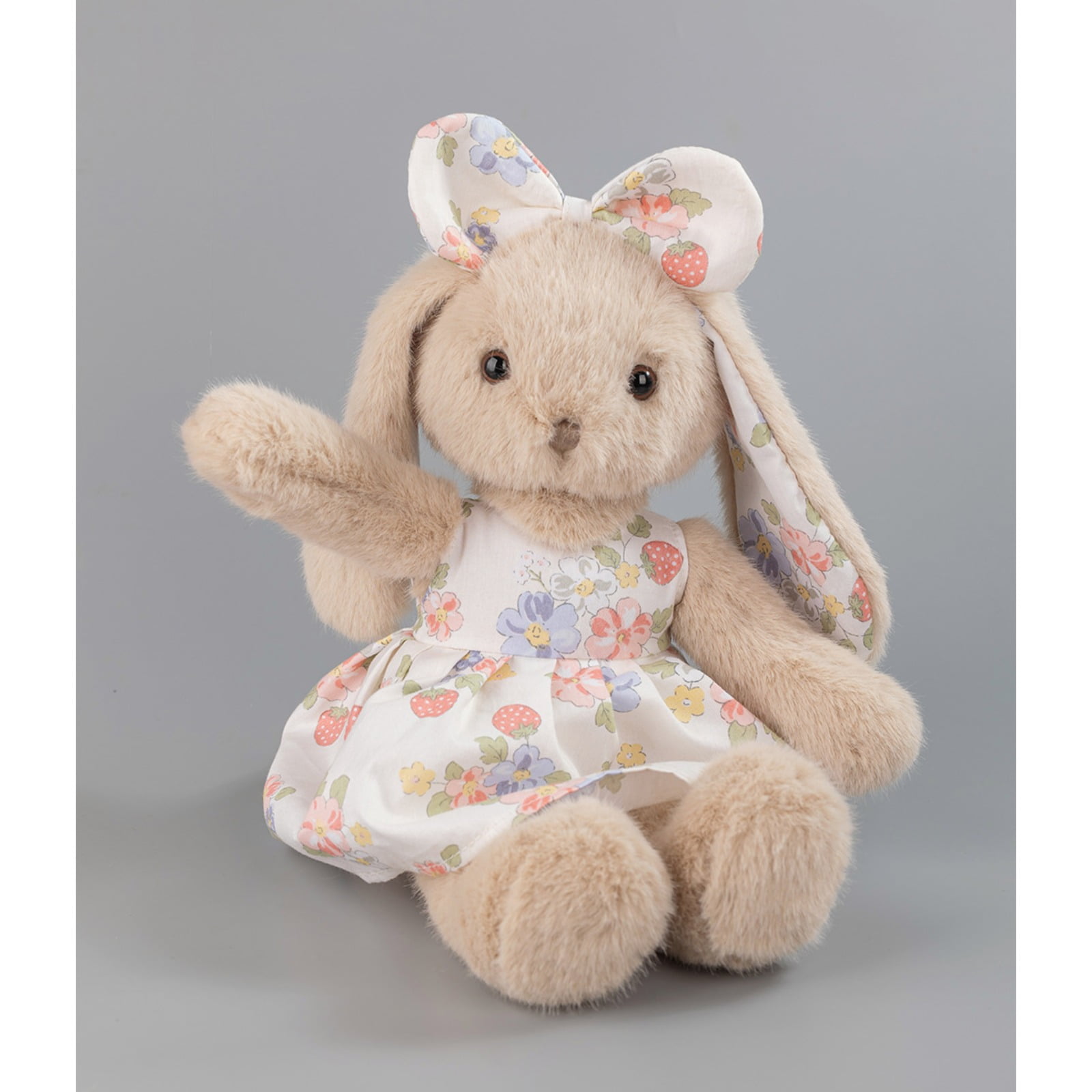 Beige Bunny Plush Toy with Floral Dress, Soft Rabbit Plush Doll for Cozy Home Decor