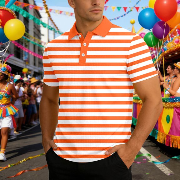 EliteGoogv Men Polo Shirt Short Sleeve Knit Stripe Breathable Casual Summer Top For Men Business Leisure Tee Orange L