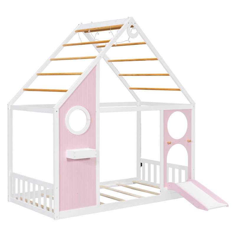 Twin Size Kids House Bed with Small Slide, Wooden Playhouse Floor Design Platform Bed Frame with Light Strip & Storage Shelf