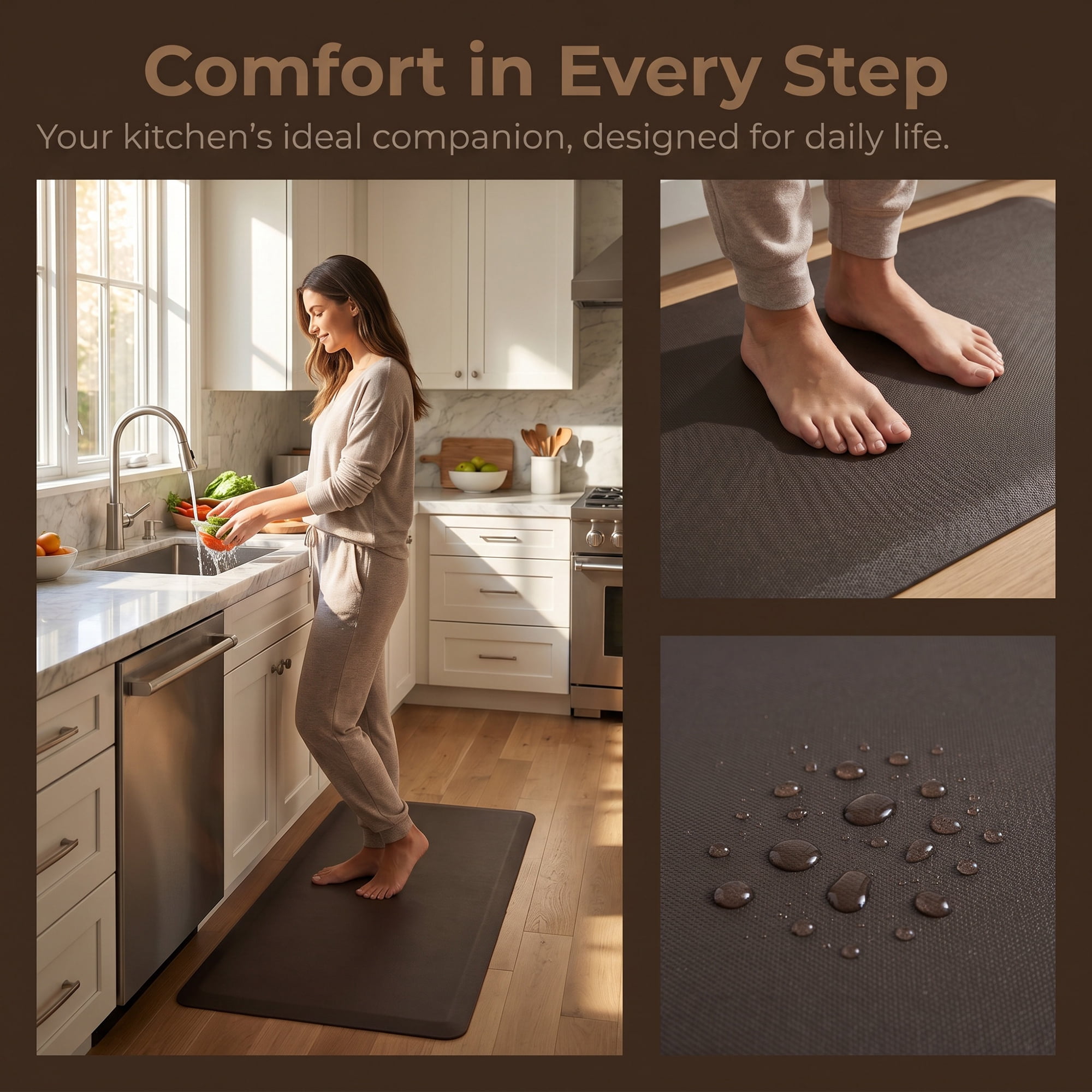 Unique Bargains Anti-Fatigue Cushioned Ergonomic Waterproof Floor Rug Brown 28" x 17"