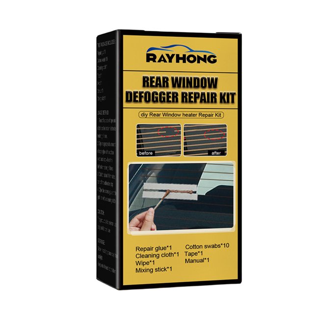 kit de desempañador de ventana trasera de coche, descongelador roto y rayado rápido, bricolaje caja frontal RAYHONG con título en inglés, mini imágenes antes/después de una rejilla calefactora reparada y foto de una mano aplicando la solución sobre la línea del desempañador; contenido del kit y tamaño compacto, también adecuado para pequeñas reparaciones universales de rejillas calefactoras.