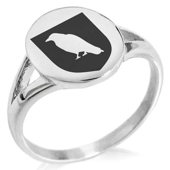 Tioneer Stainless Steel Raven Bringer of Death Coat of Arms Shield Minimalist Oval Top Polished Statement Signet Ring