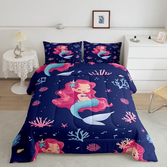 Cute Mermaid Full Comforter Set ,Girly Princess Mermaid Bedding Set ,Coastal Coral Starfish Sealife Duvet Set,Mermaid Tail Bed Set Bedroom,Dark Blue