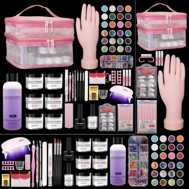 Set Profesional de 6 Pzas de Polvo Líquido para Uñas con Lámpara UV, Kit de Manicura Acrílica para Práctica de Manos y Uñas con Bolsa para Principiantes, Salón en Casa y Principiantes