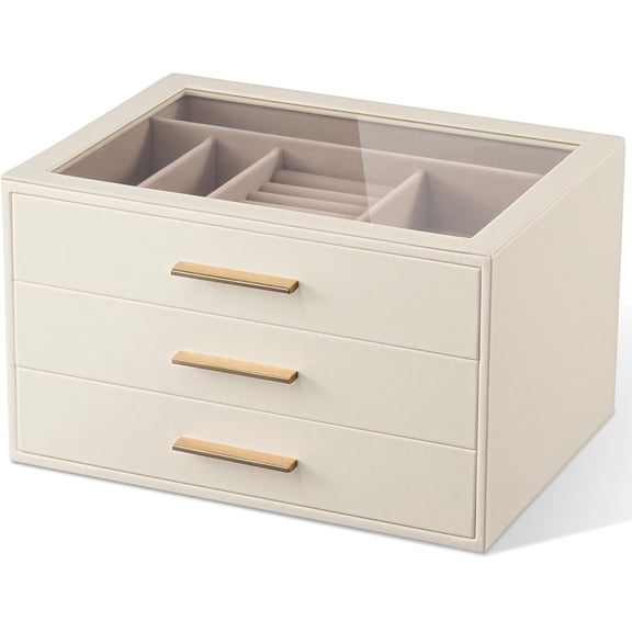 Jewelry Box Organizer Case for Women: 3-Layer Jewelry Storage Case with Glass Window, Ivory Leather with Pink Velvet, Holder for Ring Necklace Bracelet Brooch Watch, Great Gift for Her