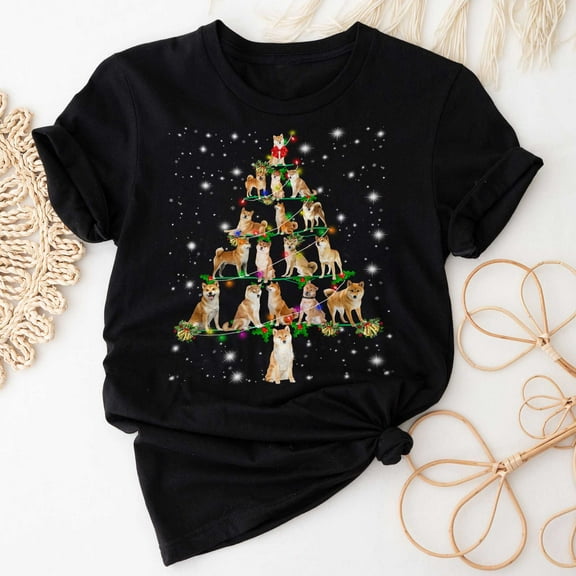 Shiba Inu Christmas Tree T-Shirt, Funny Dog Lover Gift, Shiba Inu Christmas Lights Shirts, Christmas Shirts for Women Men