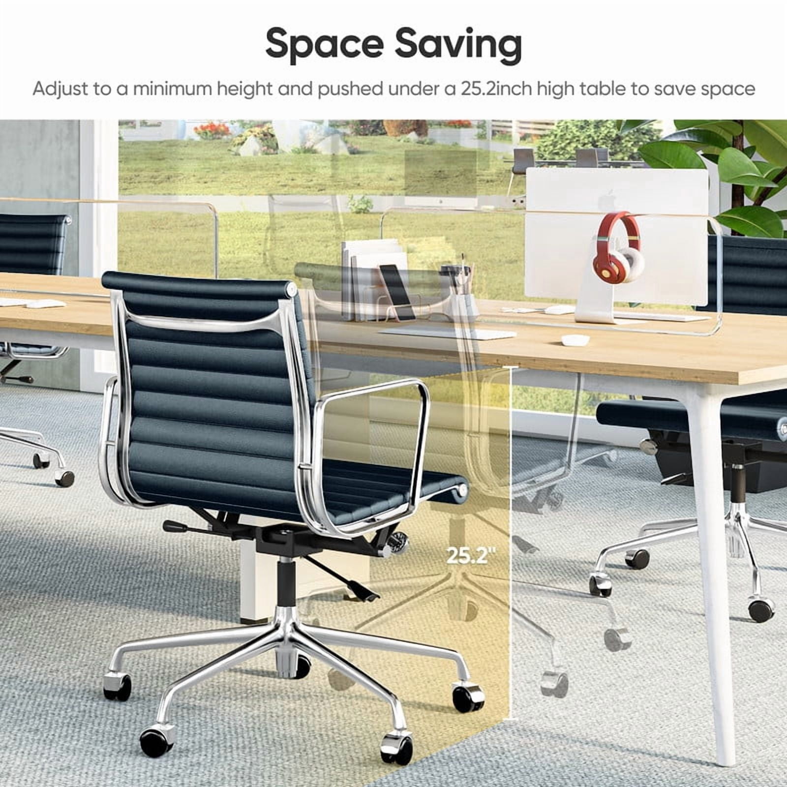 Cottinch Ribbed Office Chair Mid Back Genuine Leather Ergonomic Desk Chair with Arms, Adjustable Height Executive Conference Task Chair Swivel Chair for Home Office, White