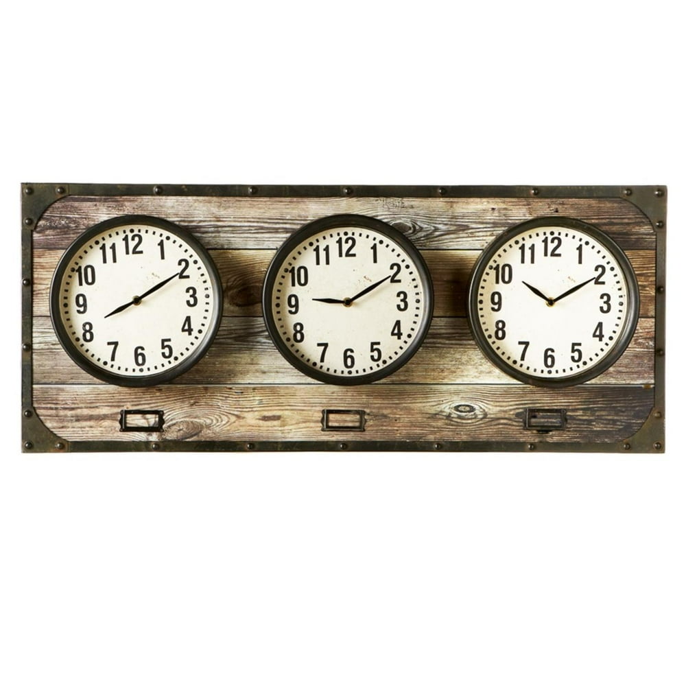 Brown and White Horizontal Time Zone Analog Wall Clock 35.75"