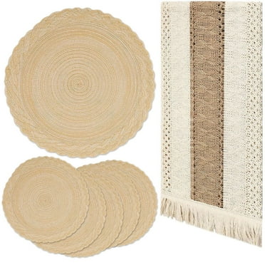 Boho Placemats Set of 6, 15" Round Place Mats with 70" Table Runner, Woven Table Mats Cotton Placemat Boho Kitchen Tabletop Home Decor