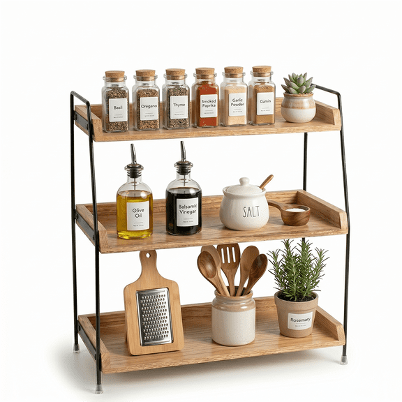Slaprin 3-Tier Coffee Bar Organizer, Wooden Shelf for Countertop, Coffee Station Storage Rack for Pods, Syrups, Cups & Spices, Brown