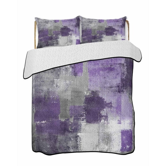 Quilts King Size, Purple Grey Soft Comforter Bedding Set for Bed, Abstract Art Oil Painting Modern Geometric Lightweight Quilted Bedspread with Pillow Cover(2 Pieces) for All Season, 96x106 Inch