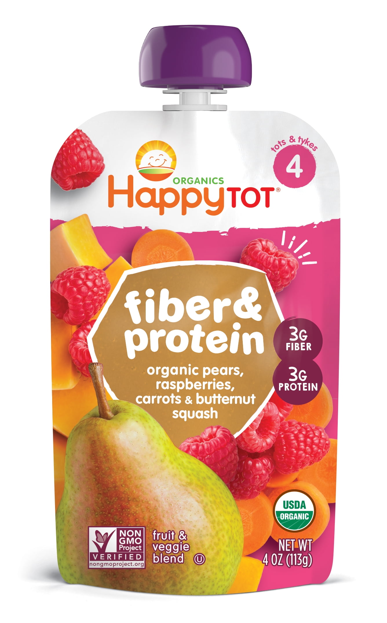 Happy Tot Organics Fiber & Protein Organic Pears, Raspberries, Carrots & Butternut Squash - 4oz