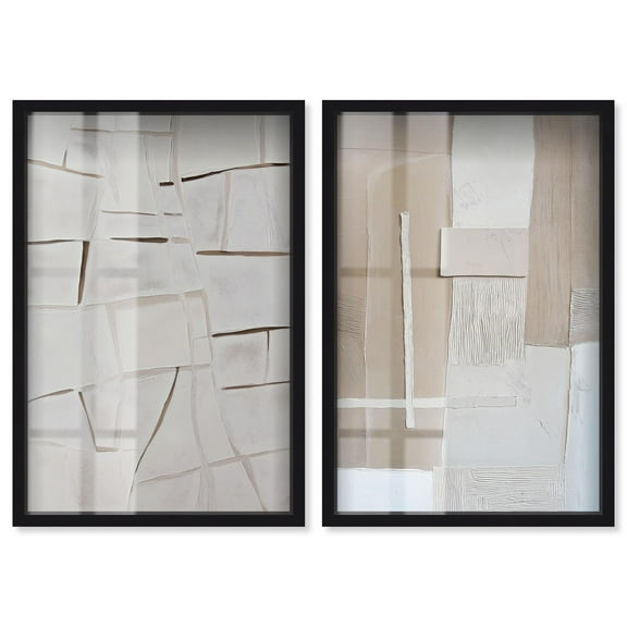 Modern Minimalist Neutral Duo 2 Panel Set Shadowbox Print Minimalist Wall Decor by Art Remedy, Black Frame, 10 x 15