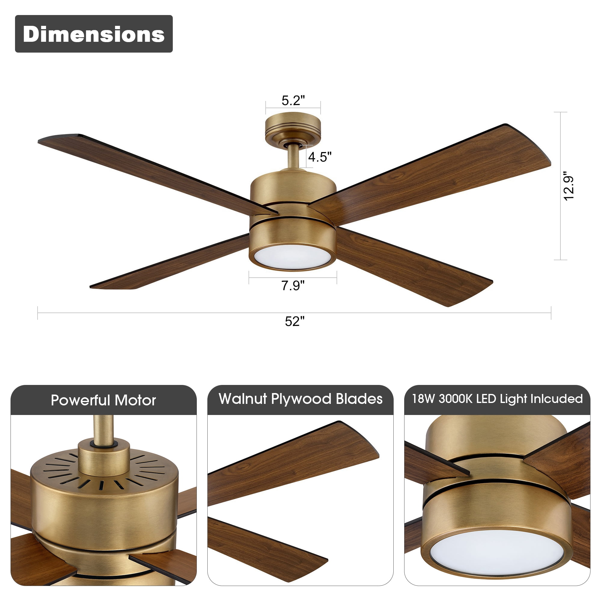 Parrot Uncle 52 Inch Brass Contemporary LED Ceiling Fan with Remote Control