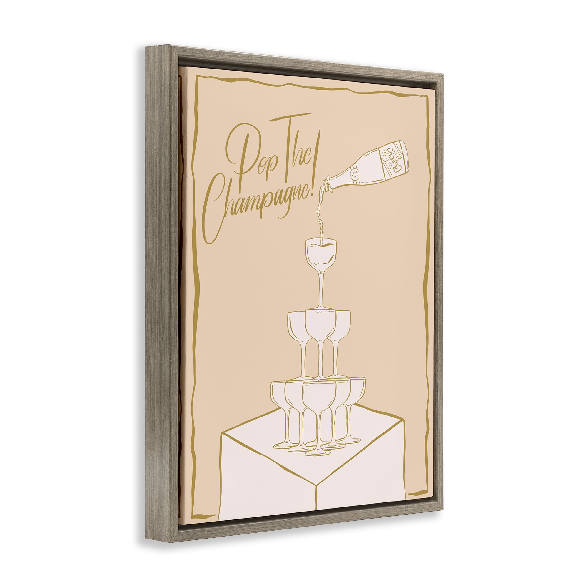 Stupell Industries Pop The Champagne Phrase Food & Beverage Painting Brown Floater Framed Canvas Art Print Wall Art, 17 x 21