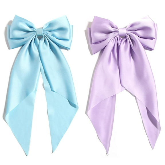 Blue Hair Bow Clips for Women Lilac Big Bows Metal Clips French Barrette with Long Tail Satin Ribbon Hairpin Lady Barrettes Scrunchies Ponytail Accessories 2pcs