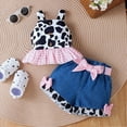 thumbnail image 3 of KPOPLK Toddler Girl Denim Western Outfit Baby Clothes Ruffle Cow Print Shirt Button Up Tops Belted Jeans Shorts toddler jean shorts(12-18 Months,Pink), 3 of 8