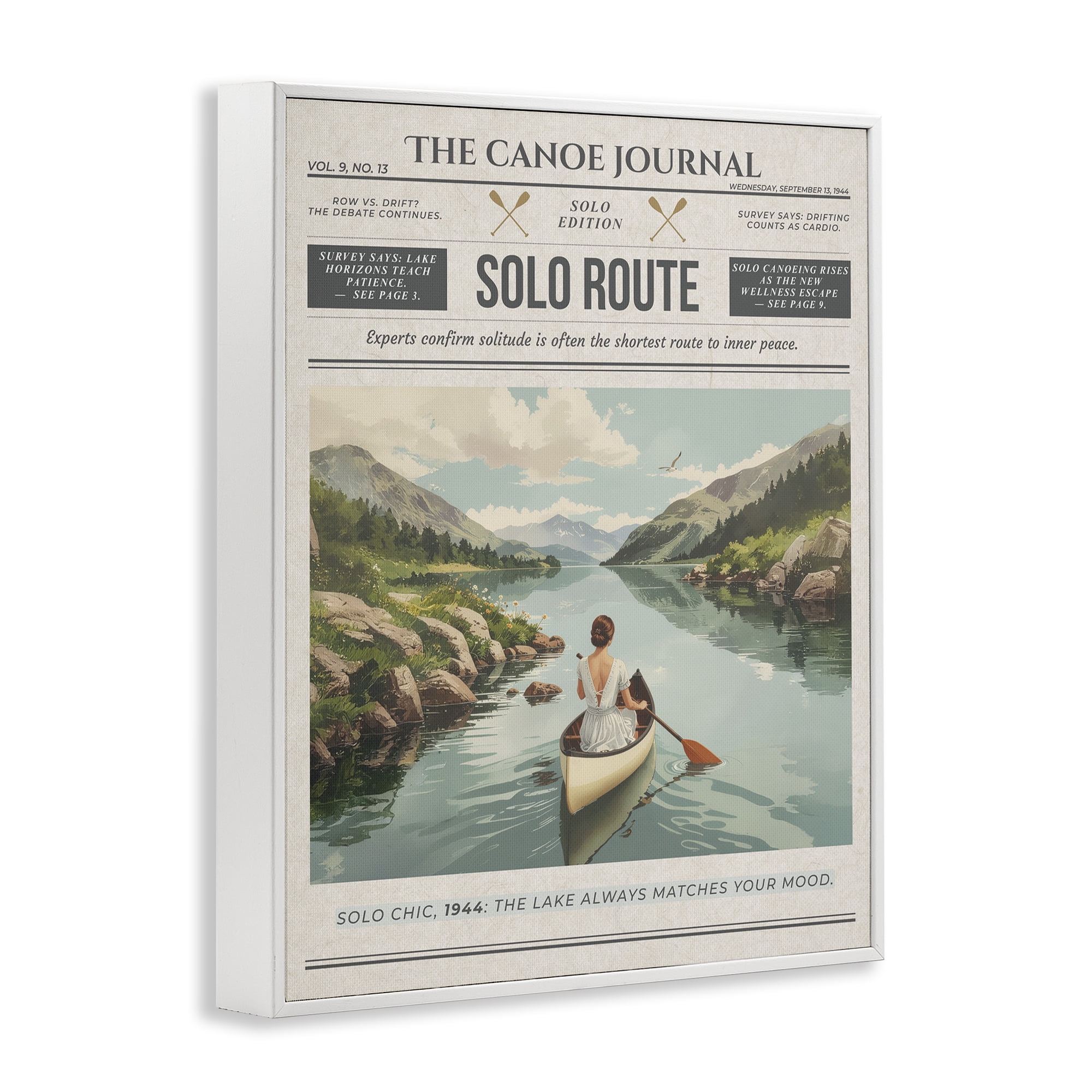Stupell Industries Canoe Journal Newspaper White Framed Giclee Art, design by A Barefoot Stylist