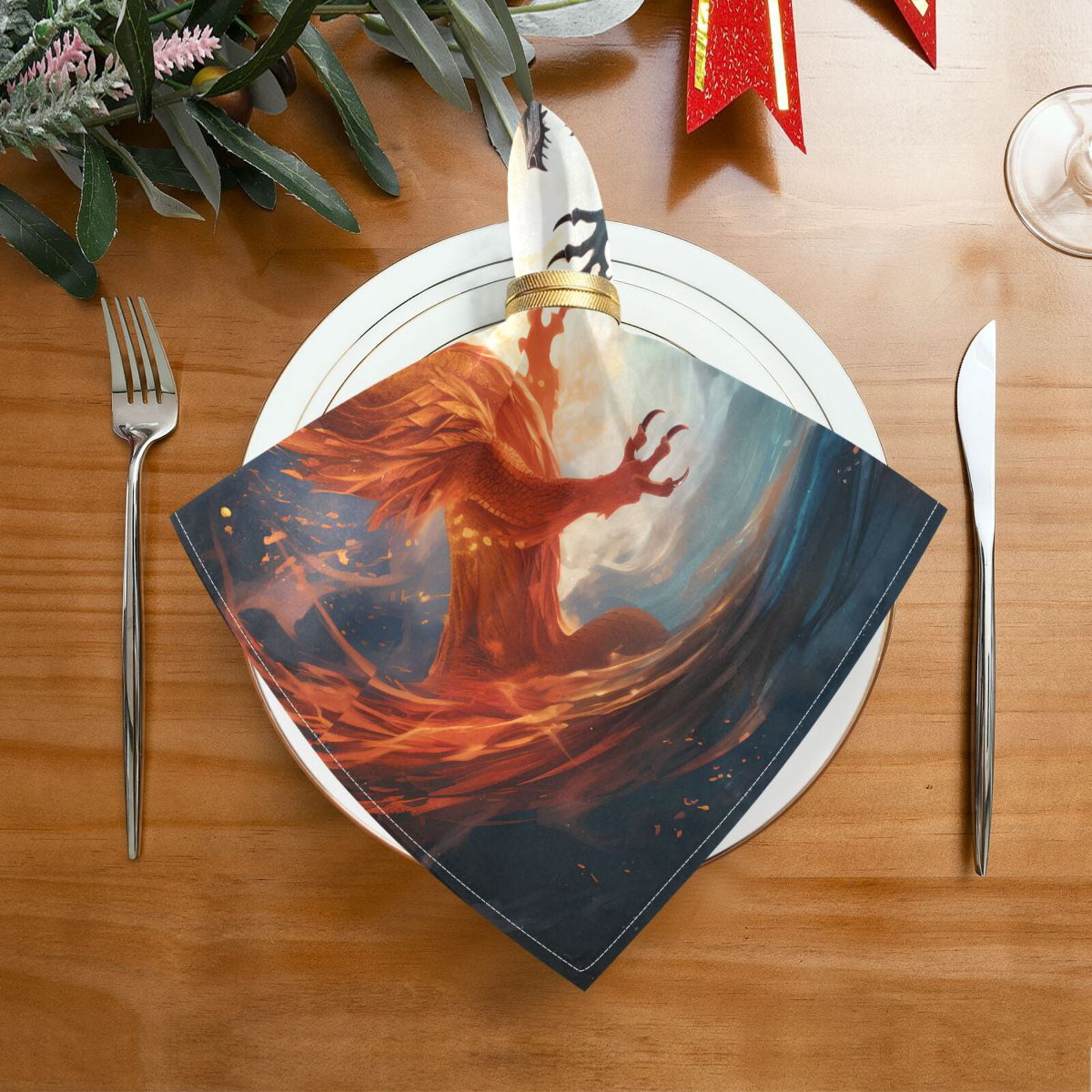 JSTEL Fire Dragon & Ice Dragon Cloth Napkins Set of 6, 20x20 Inch Washable and Reusable Napkin for Decoupage Dinner Party Everyday Use