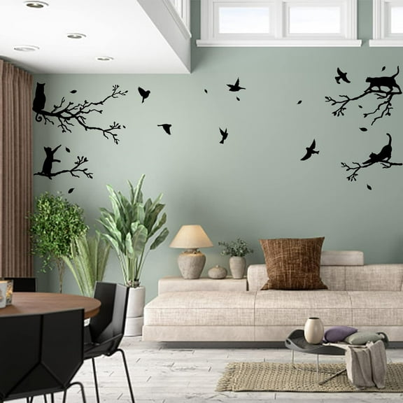 Birds Tree Branches Wall Stickers Removable Vinyl Wall Decals Black Cat on Twigs Wall Sticker for Living Room Wall Decoration Home Indoor Wall Art Decor Window Decor