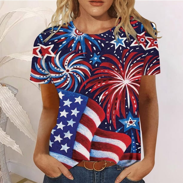 ICHUANYI Clearance Women's Summer Casual Crewneck Short Sleeve T-Shirts Flag Print Fit Basic Tops Tees Blouses(Blue, S) ICHUANYI WER2023080709235