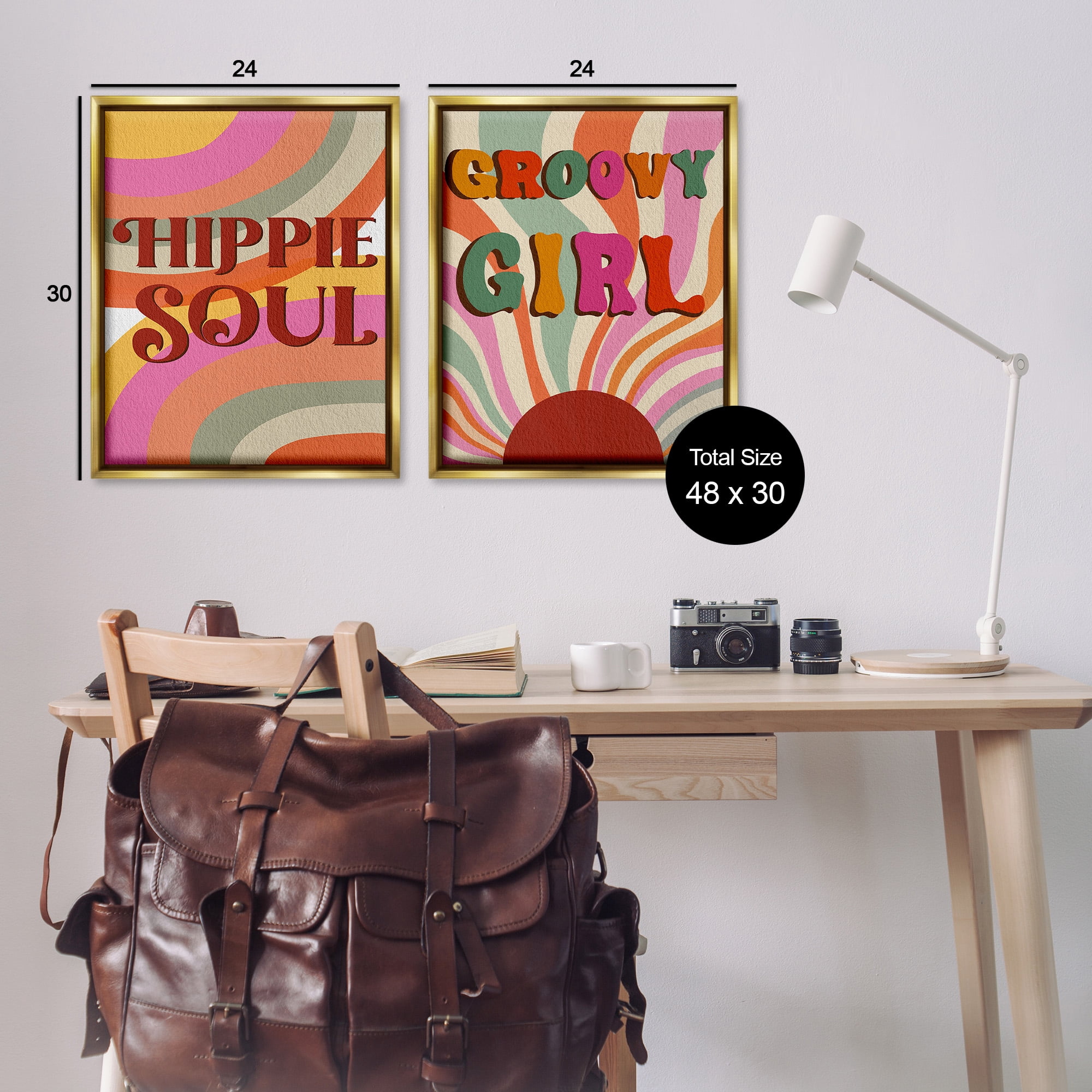 Stupell Industries Groovy Striped Phrases Abstract Painting Gold Floater Framed Canvas Art Print Wall Art, 25 x 31, Set of 2