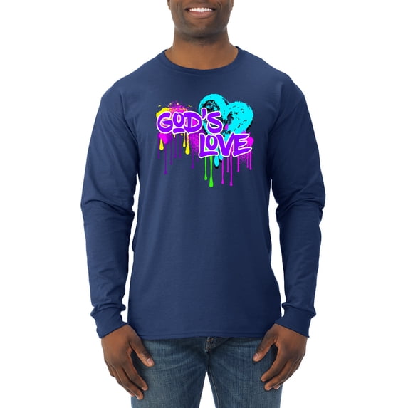 Wild Bobby, Graffiti Art God's Love, Inspirational/Christian, Men Long Sleeve Shirt, Navy, X-Large