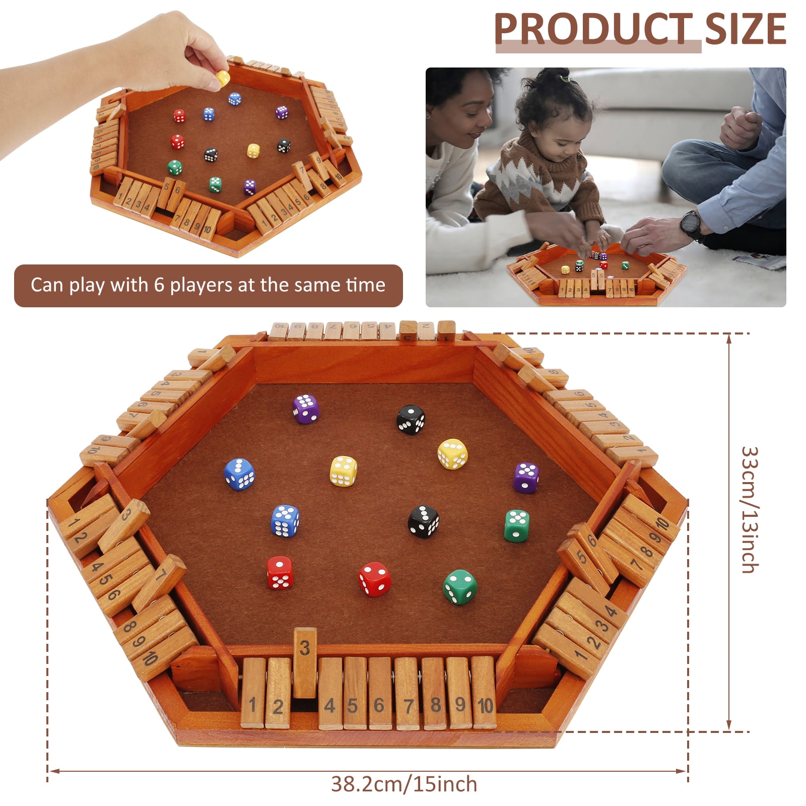 Wekvgz Shut The Box Game for 1 to 6 Players Wood Tabletop Board Game with 12 Dice Fun Close The Box Game Handmade Shut The Box Dice Game for Kids Adults Families Home Party