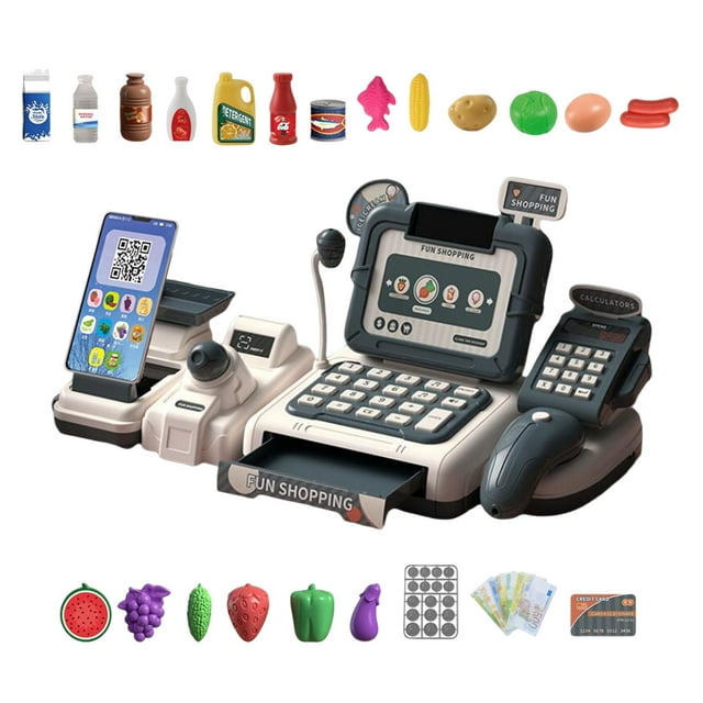 Caja registradora para niños, juego de simulación, tienda de juguetes, supermercado, compras azul gris oscuro
